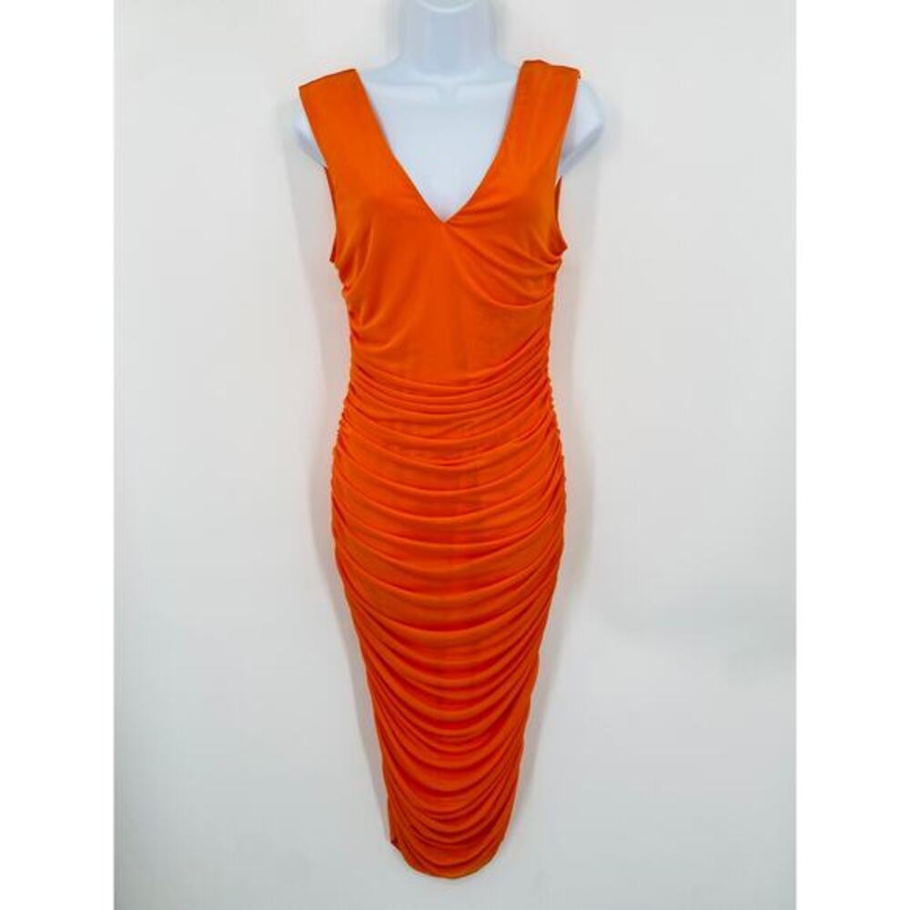 AFRM orange ruched mesh midi dress‎